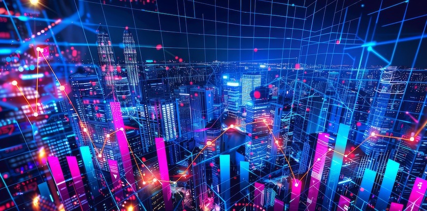 Futuristic cityscape with neon lights, digital grids, advanced cyberpunk atmosphere