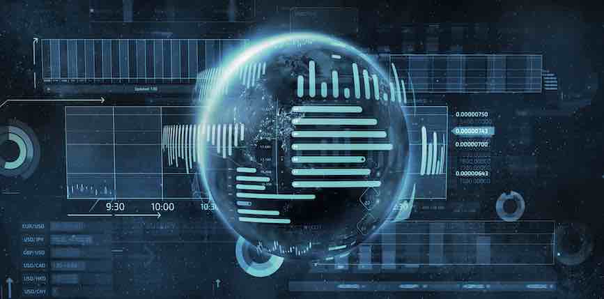 Trading and corporate infographics on a background of the globe.