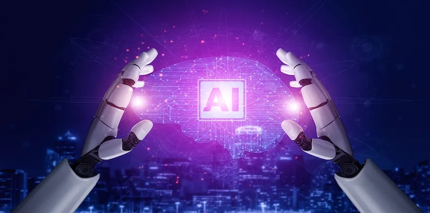 Robot holding digital brain labeled AI