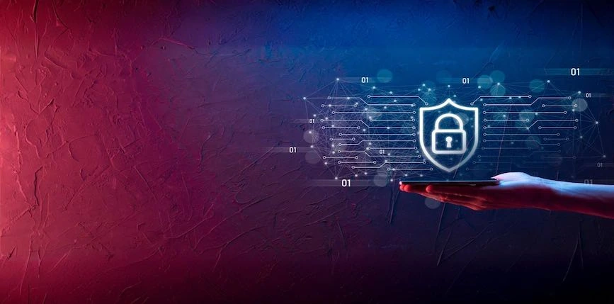 Blue and red background with hand holding lock