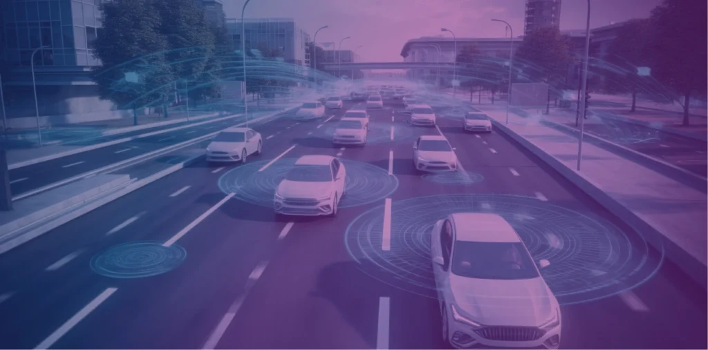 Car on the highway with tech holograms on them